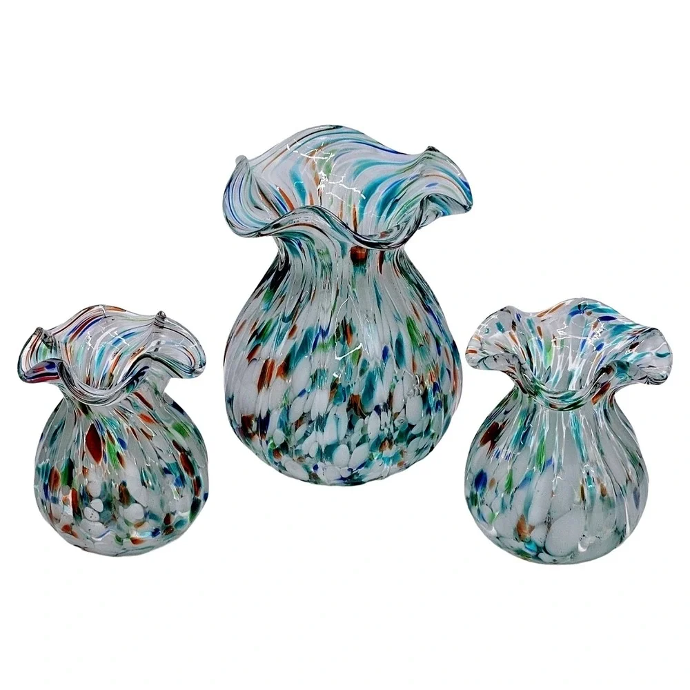 3PC Confetti Art Glass Vase Set Ruffled Rim Multicolor Splatter Decor VTG Style